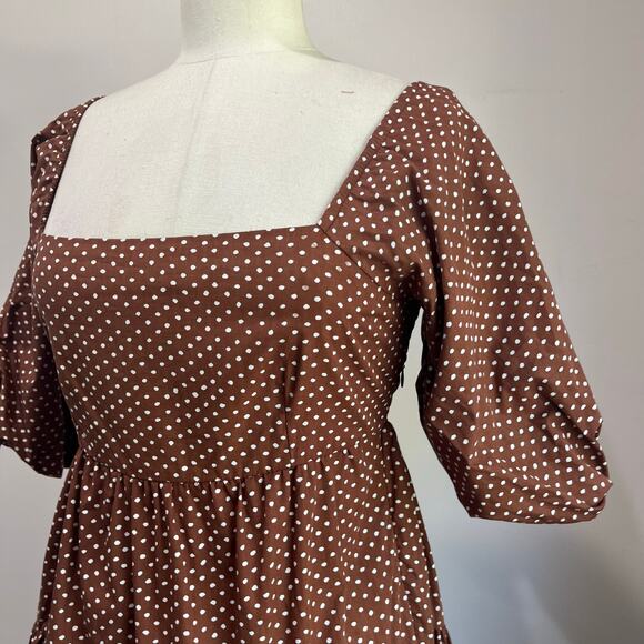 Faithfull the Brand Eryn Mini Dress Brown & White Polka Dot Puff Sleeve Sz 4 - Picture 4 of 12